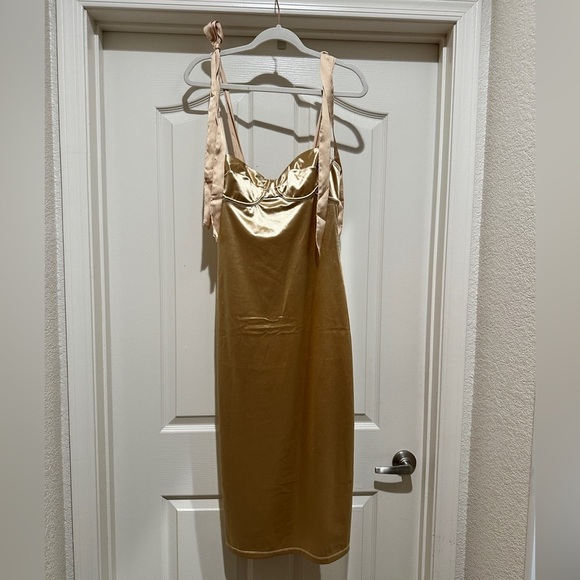 Free People Casino Got Glam Tie Strap Gold Satin Midi Dress - Picture 5 of 11